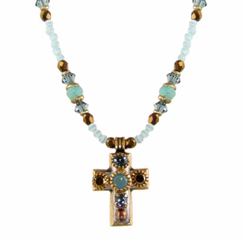 Small Light Blue Cross Necklace on Beaded Chain