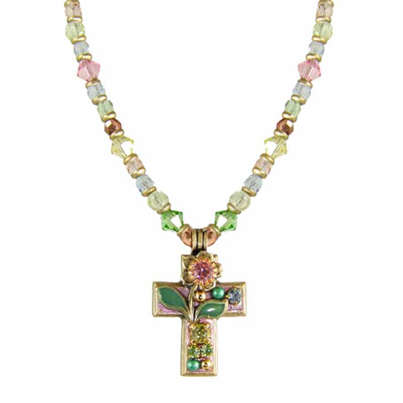 Pastel Pink Garden Cross Necklace