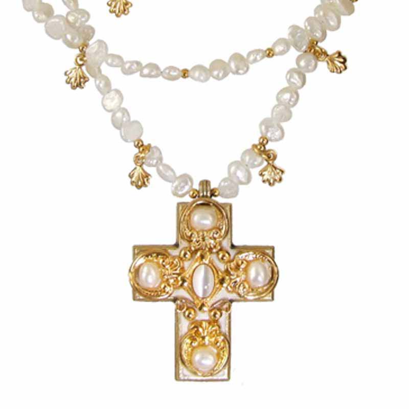 Gold and Pearl Triple Beaded Cross Necklace