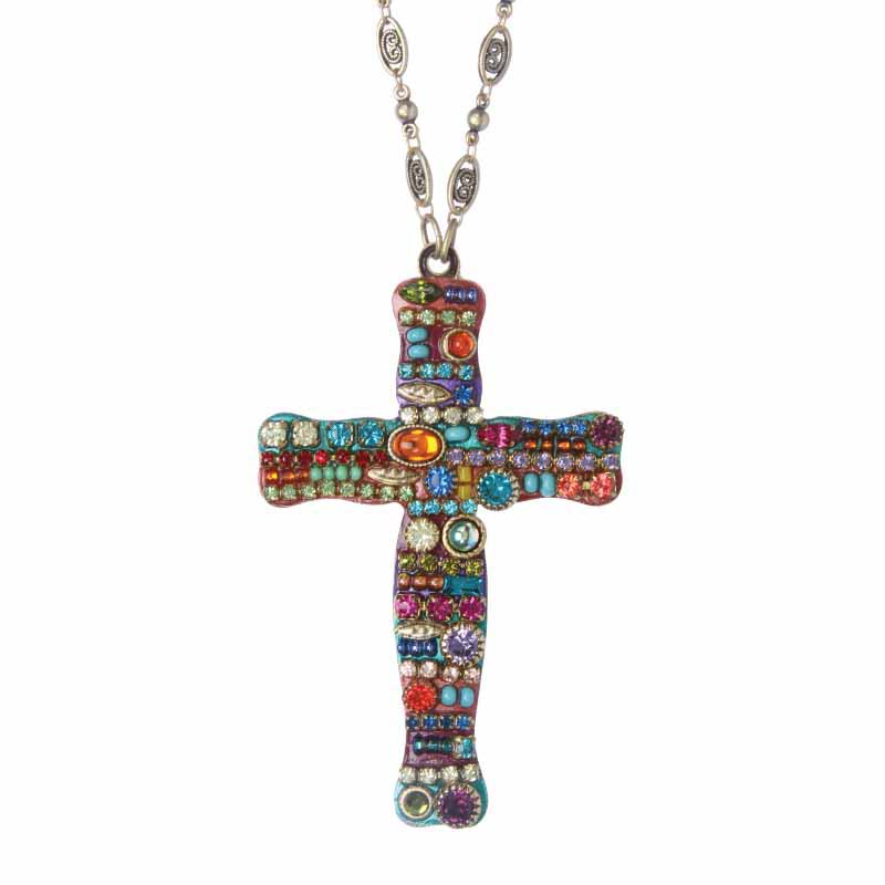 Multi Bright Mosaic Cross Necklace