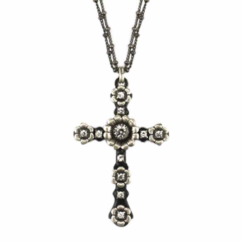 Large black floral cross necklace