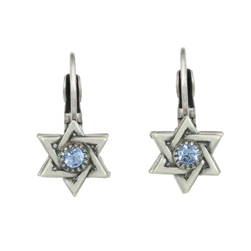Silver and Blue Crystal Star of David Earrings