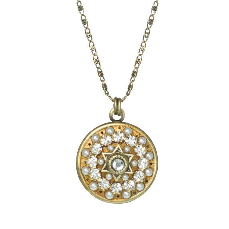 Circle pendant Star of David on chain necklace w/ fresh water pearls, Swarovski crystals, handmade at Michal Golan studios USA