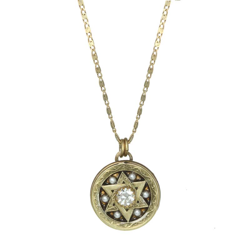 Circle pendant Star of David on chain necklace w/ crystal, handmade at Michal Golan studios USA