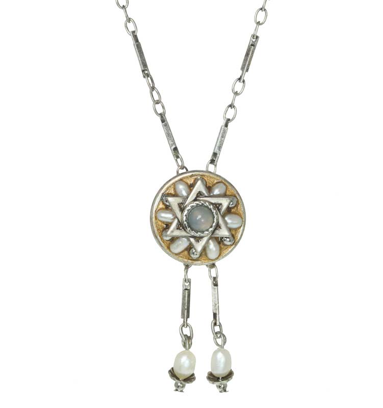 Circle pendant Star of David on chain necklace w/ fresh water pearls, mother of pearl, handmade at Michal Golan studios USA