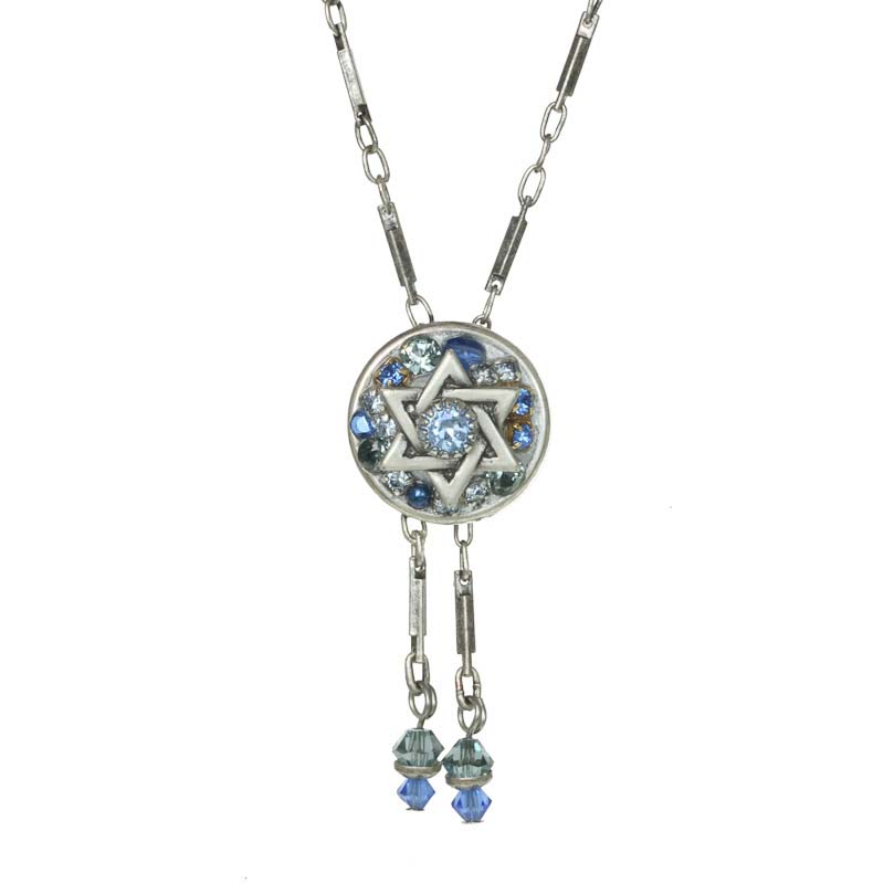 Circle pendant Star of David on chain necklace w/ blue crystals, handmade at Michal Golan studios USA