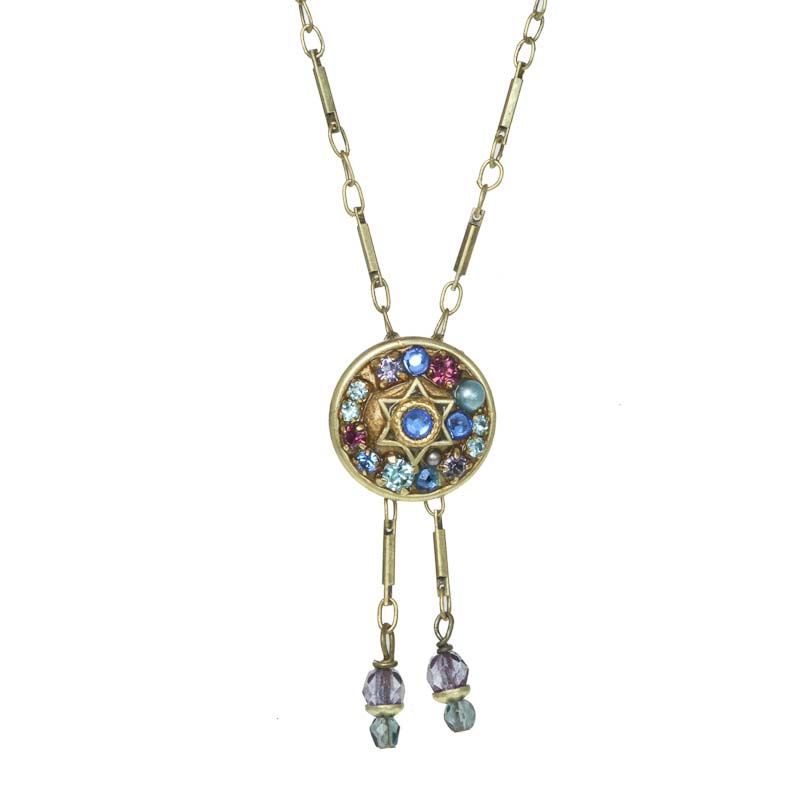 Circle pendant Star of David on chain necklace w/ blue crystal, iolite, handmade at Michal Golan studios USA