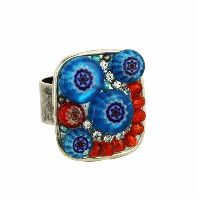 Square Blue and Red Millefiori Bead Ring