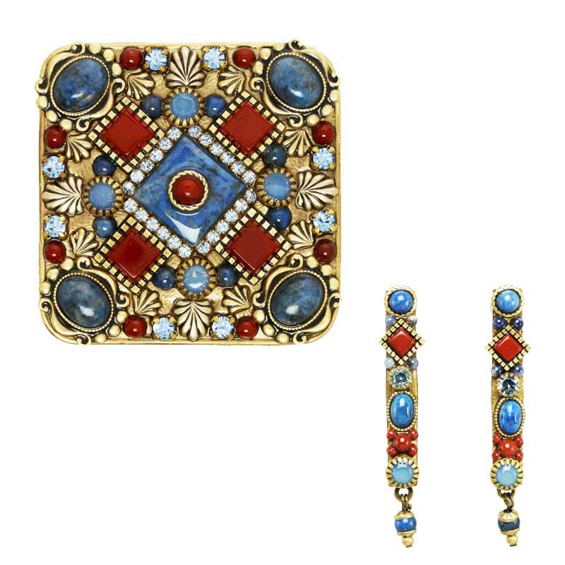 Sodalite and Red Jasper Brooch and Earrings Set
