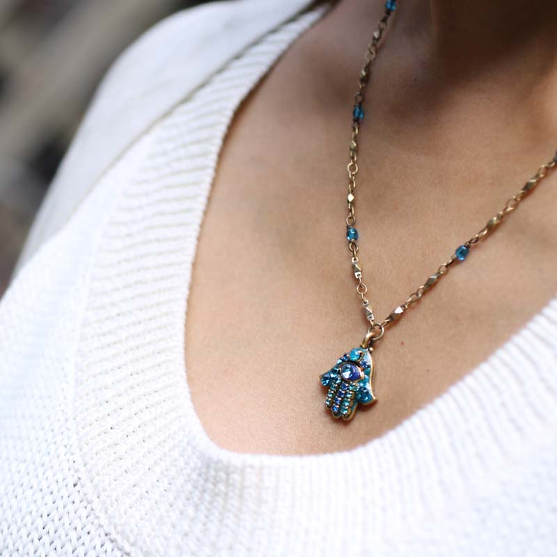 Teal Small Hamsa Necklace 