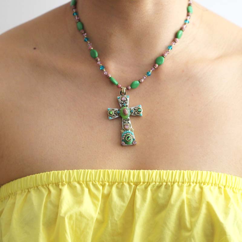Green and Pink Cross Necklace