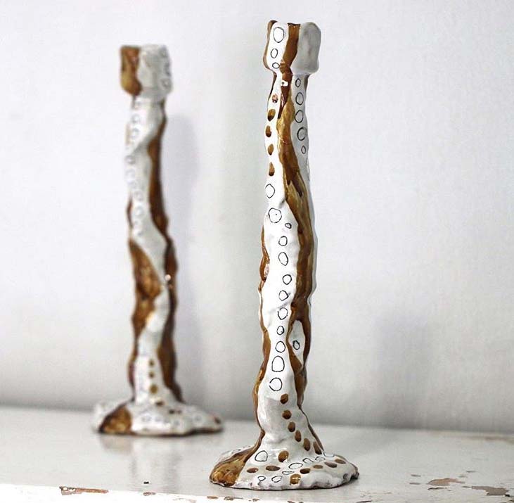White and Gold Ceramic Candlesticks - SOLD