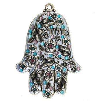 Silver and Blue Floral Wall Hamsa