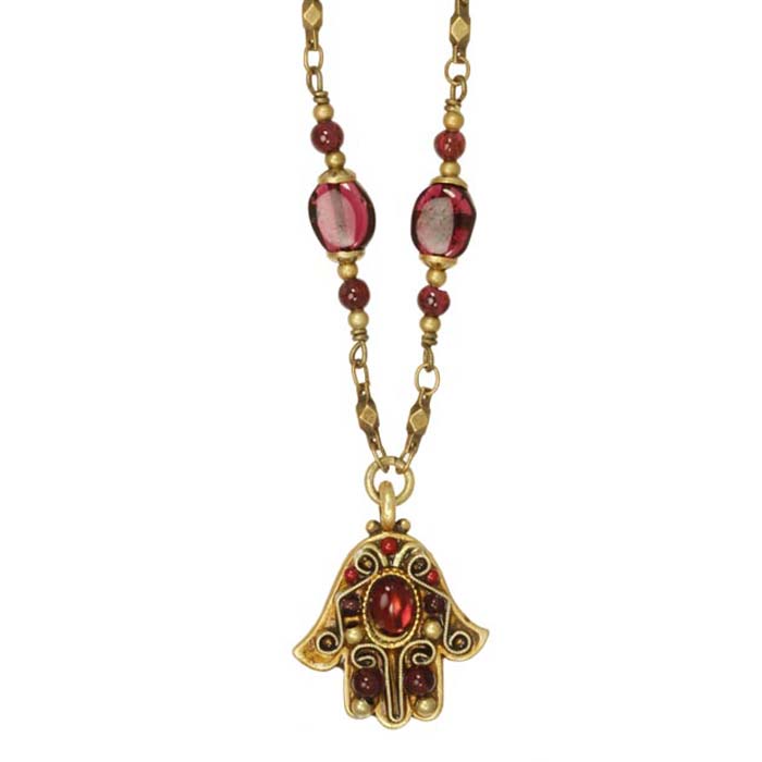 Garnet and Gold Small Hamsa Necklace