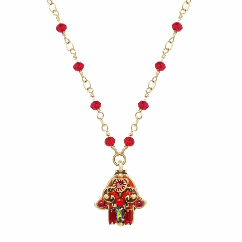 Small Red and Gold Hamsa Necklace on Crystal Chain