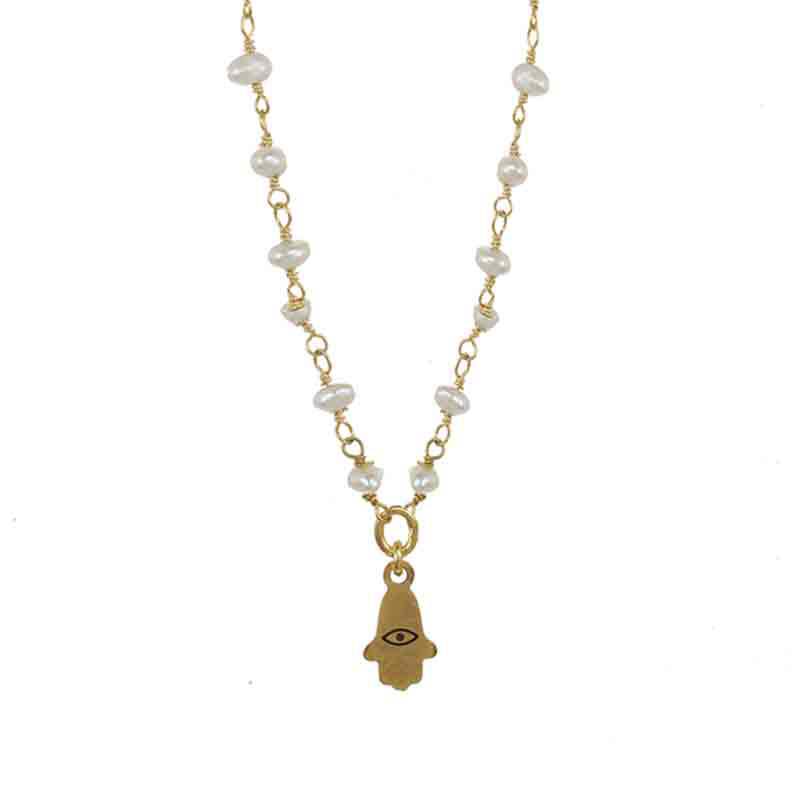 Tiny Gold Hamsa Necklace on Pearl Beaded Chain