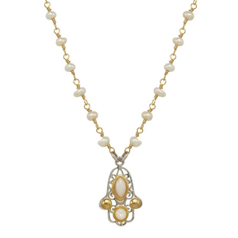 Tiny Filigree Pearl Hamsa Necklace
