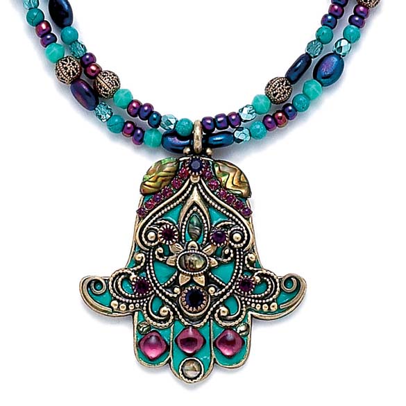 Large Turquoise and Purple Hamsa Necklace