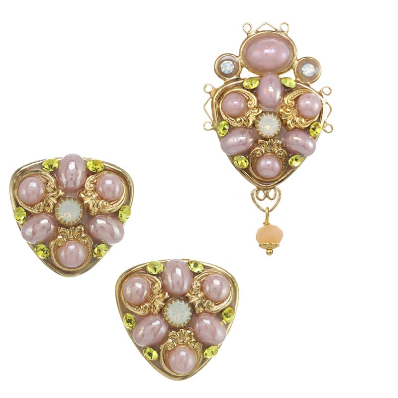 Pink and Gold Clip Earring and Brooch Set