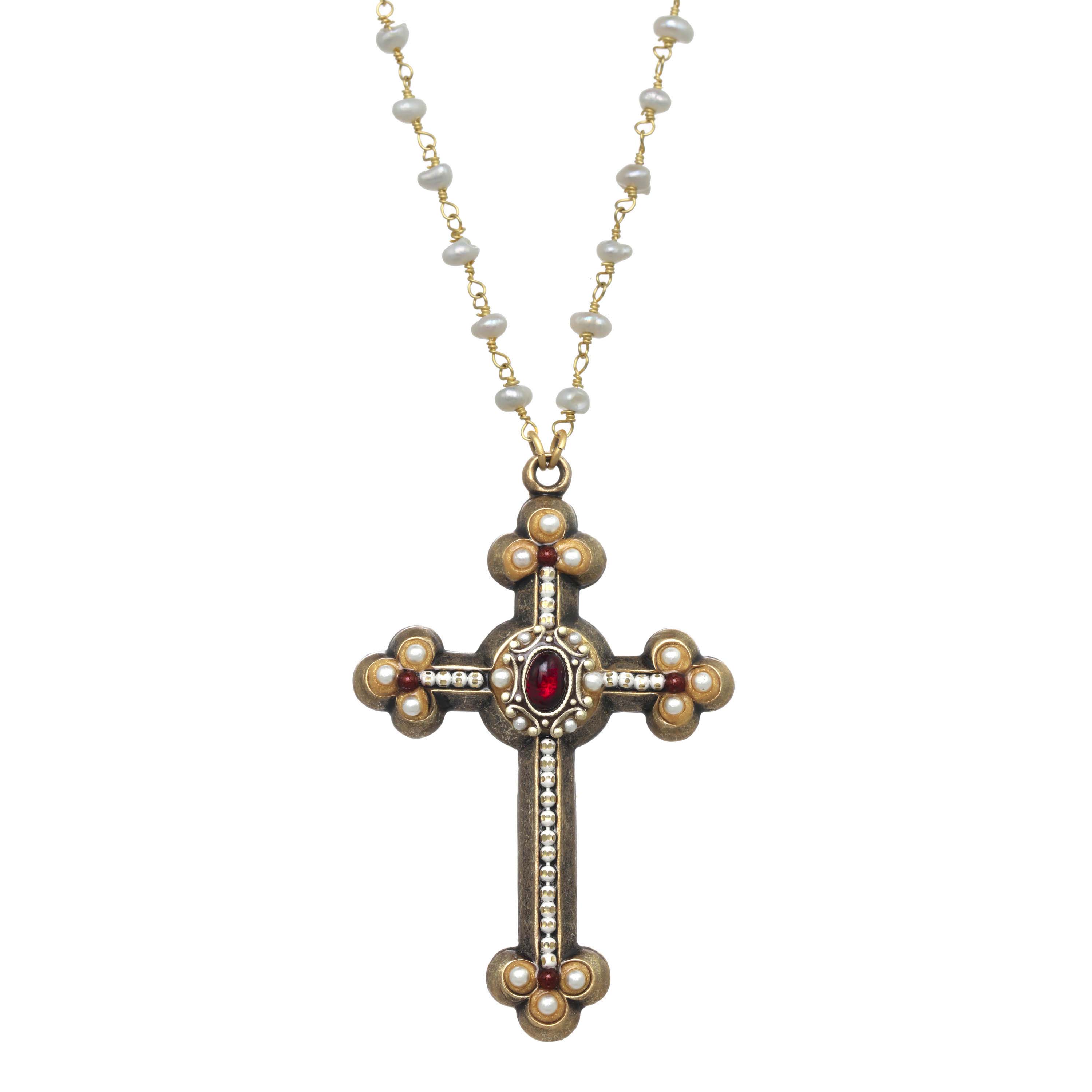 Large Garnet and Pearl Cross Necklace