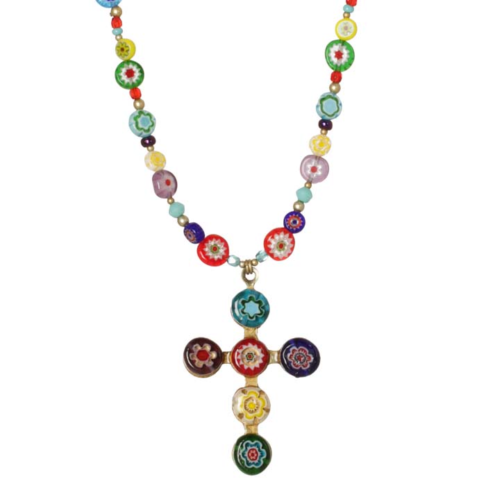 Multicolor Millefiori Bead Cross Necklace