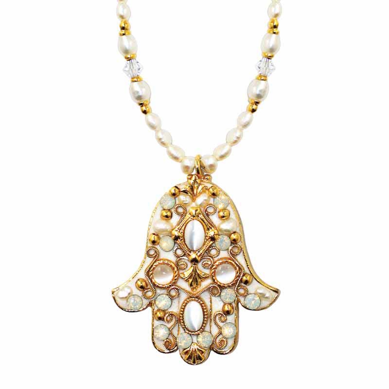 Medium Pearl and Gold Hamsa Necklace