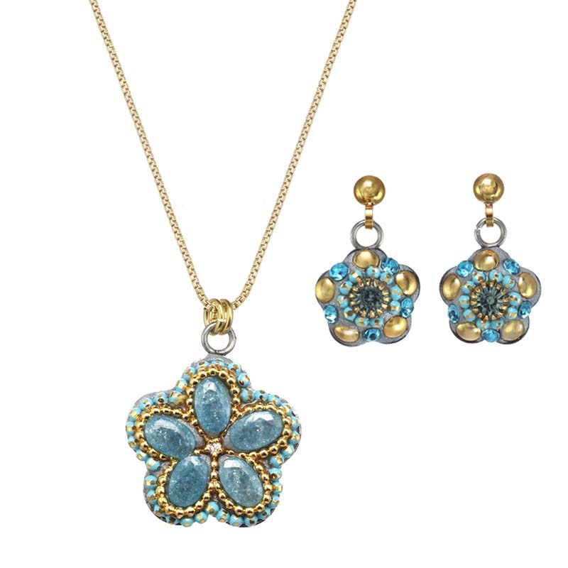 Turquoise and Gold Flower Necklace and Earrings Set