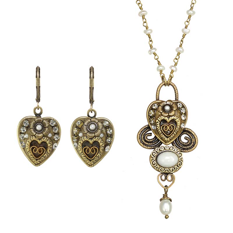 Gold and Pearl Heart Necklace and Earrings Set