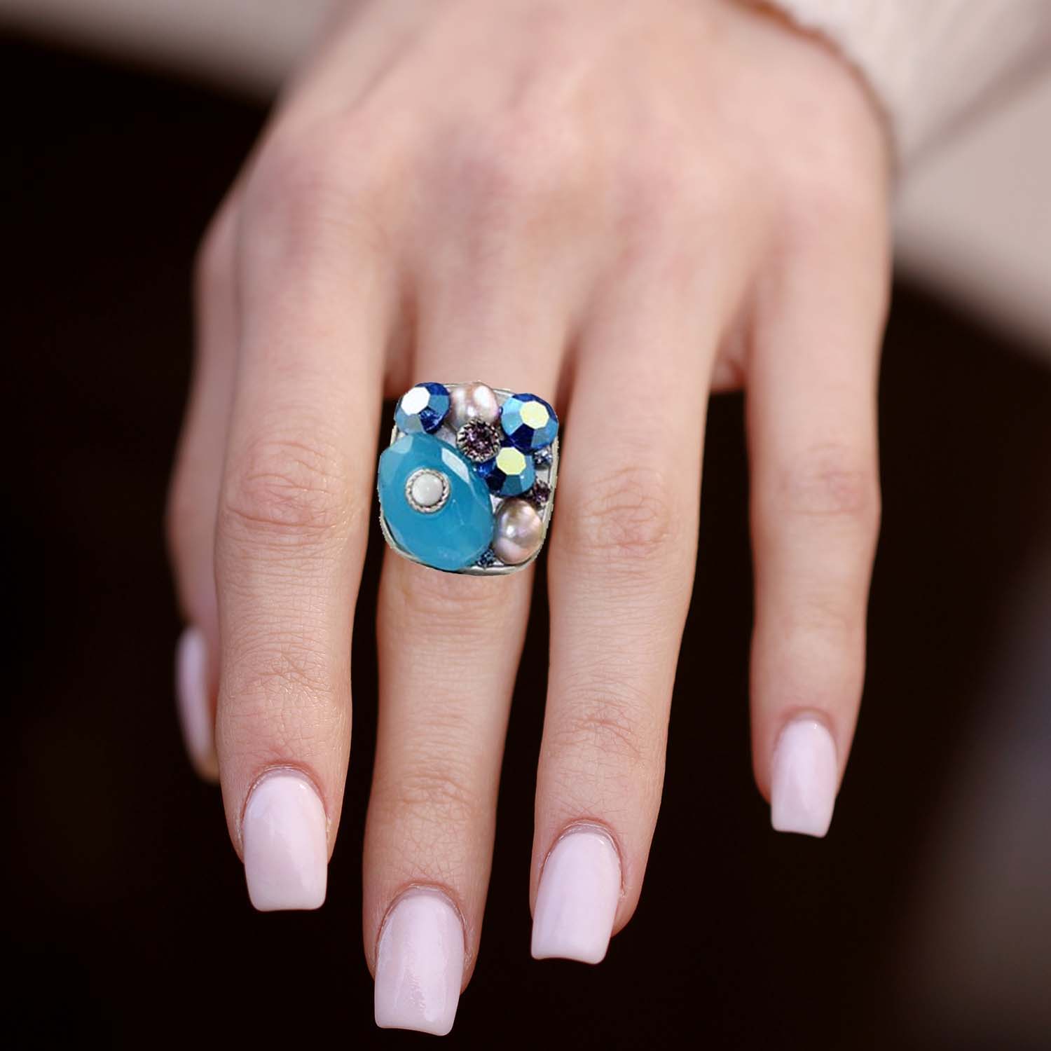 Blue Iridescent Crystal Square Ring