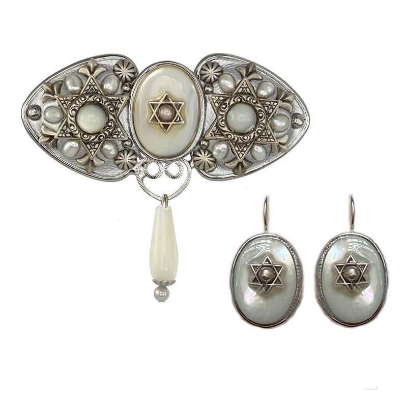 Mother of Pearl Star of David Brooch and Earrings Set
