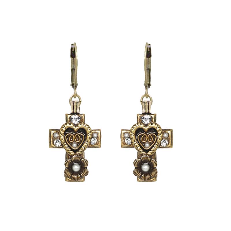 Antique Pearl and Crystal Cross Earrings