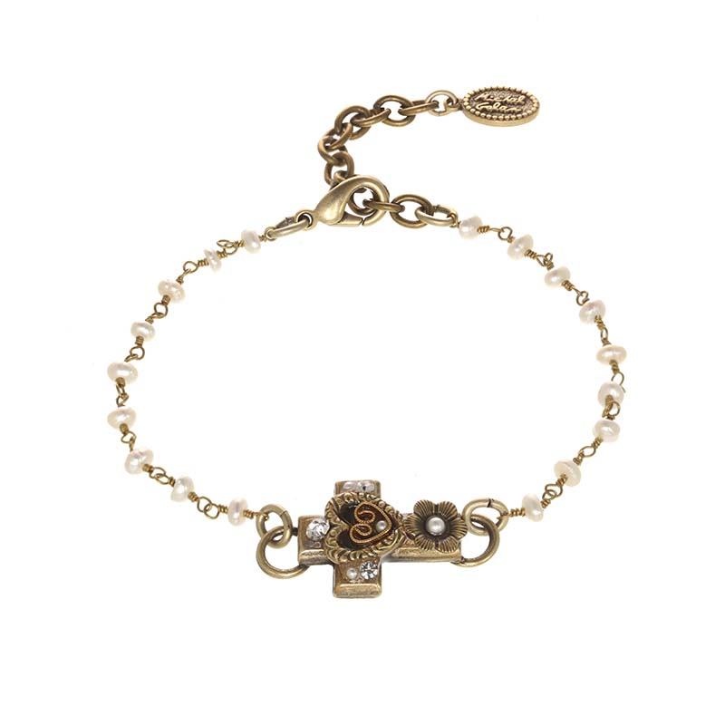 Antique Pearl and Crystal Cross Bracelet