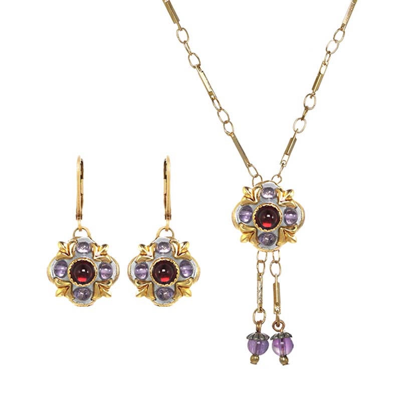 Garnet and Amethyst Flower Necklace and Earrings Set