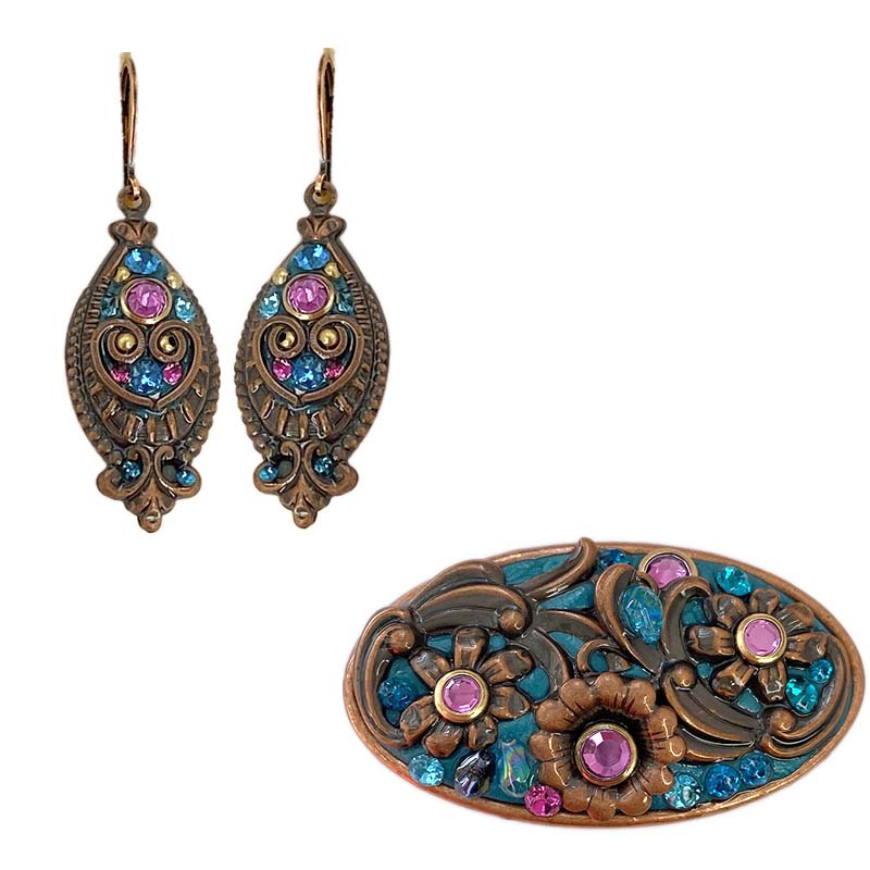 Blue and Fuschia Copper Pin and Earrings Set