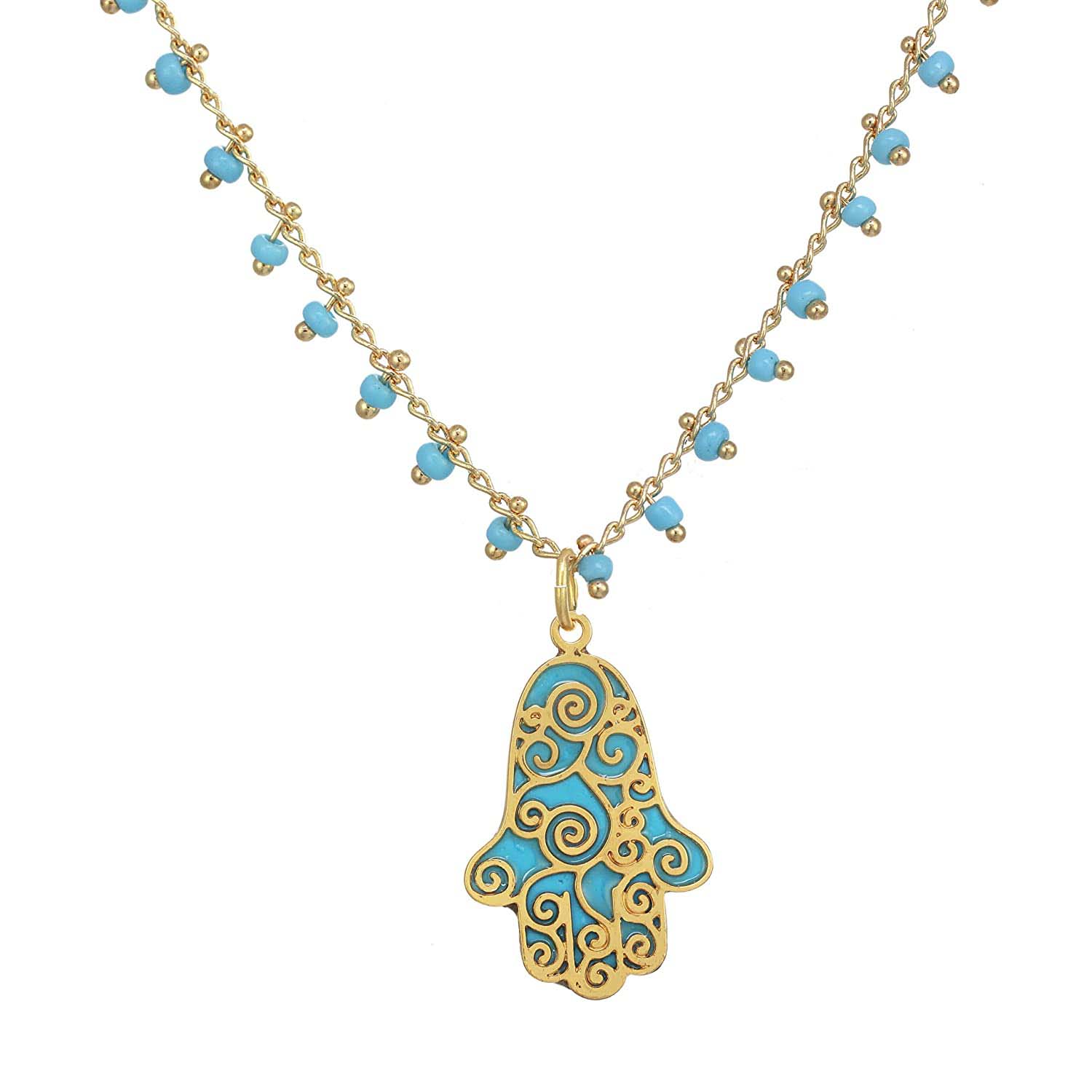 Aqua and Gold Swirl Hamsa Necklace