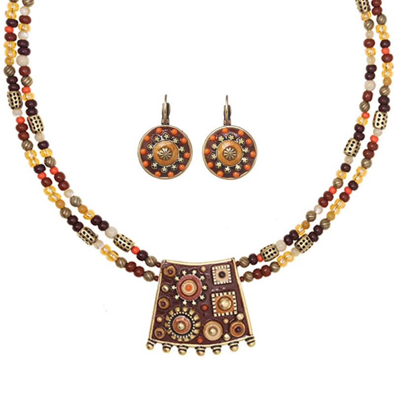 Rustic Orange and Gold Necklace and Earrings Set
