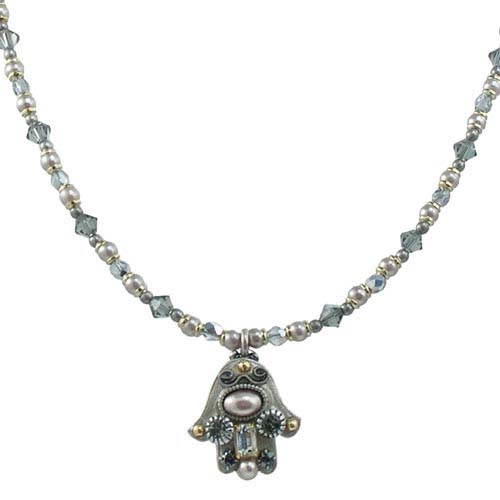 Silver and Pearl Cabochon Hamsa Necklace