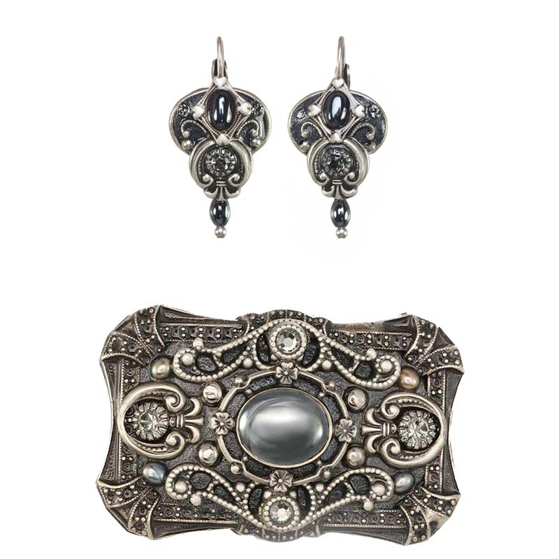 Hematite Earrings and Brooch Set