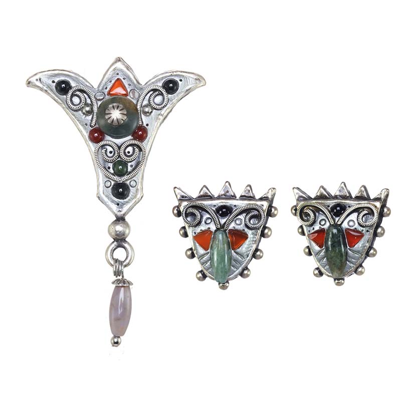 Gemstone Fleur de Lis Brooch and Earrings Set