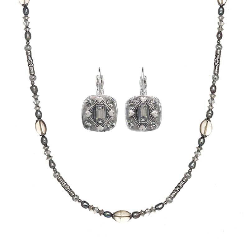 Dark Silver Pearl Necklace and Earrings Set