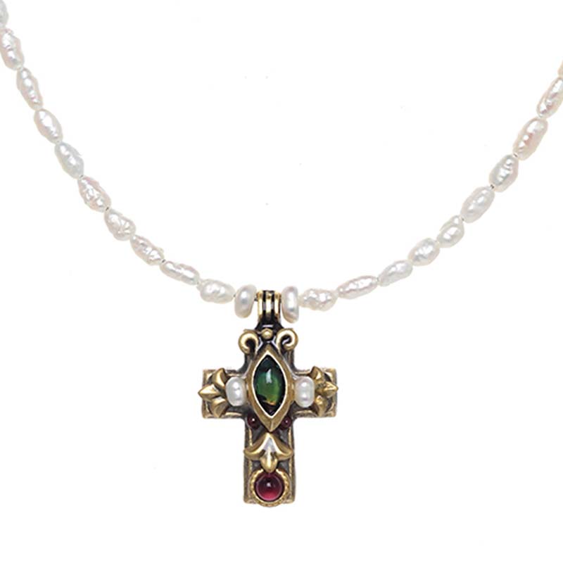 Small Abalone and Pearl Cross Necklace