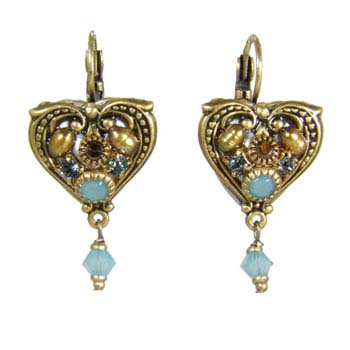 Blue Crystal and Gold Heart Earrings