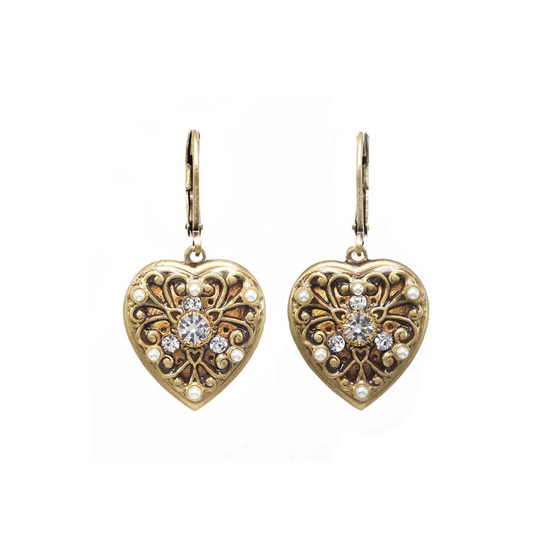 Small Gold Filigree and Crystal Heart Earrings