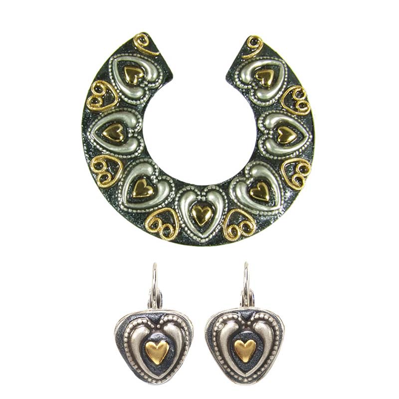 Mixed Metal Heart Earrings and Brooch Set