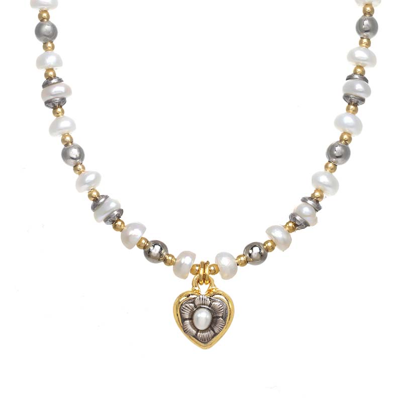 Tiny Beaded Gold and Pearl Heart Necklace