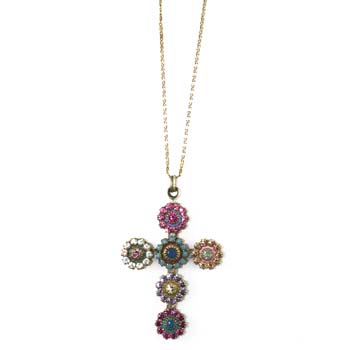 Pastel Floral Crystal Cross Necklace