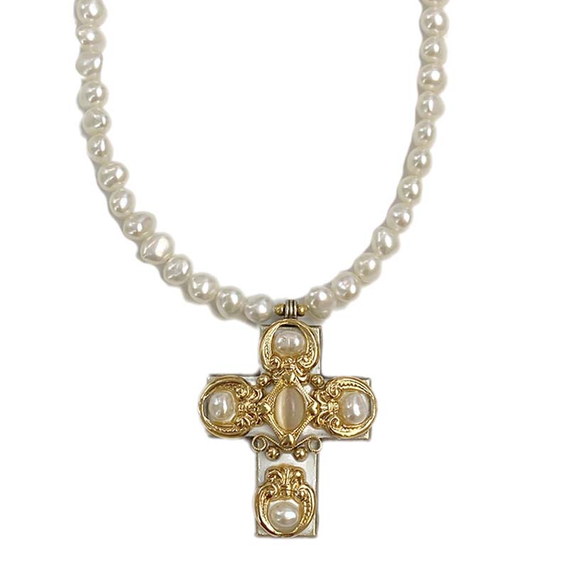 Ornate Pearl Beaded Cross Necklace