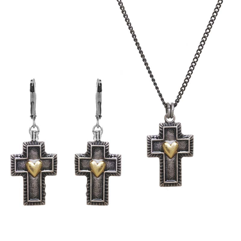 Silver and Gold Cross Heart Earrings Set