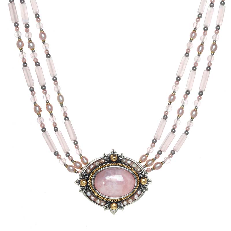 Rose Quartz Large Oval Triple Beaded Necklace