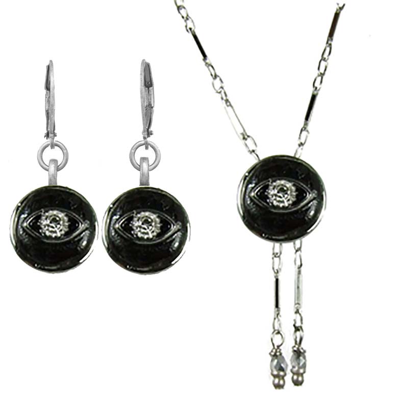 Tiny Black Circle Eye Necklace & Earrings Set